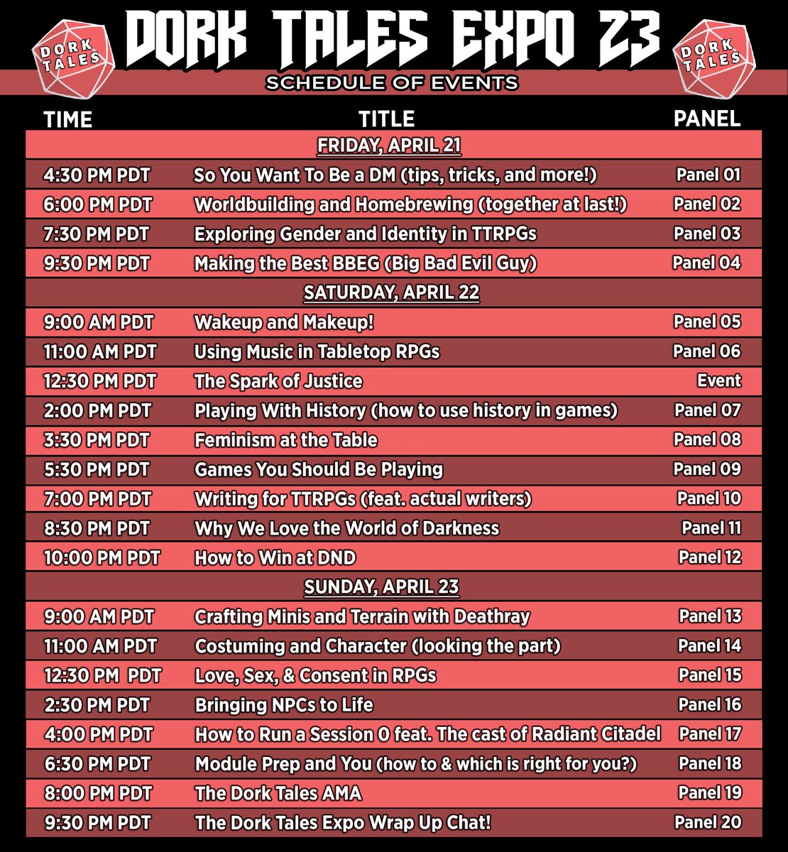 dork_tales's tweet photo. It's Day 2 of Dork Tales Expo! Tons of great #ttrpg #actualplay panels and a LIVE MUSICAL RPG PERFORMANCE from @OBPmusical!
Join us RIGHT NOW because we're live on https://t.co/4KK2v90pbr!
#dnd #dorktales #dorkx #rpg https://t.co/ucEXvpaSLU