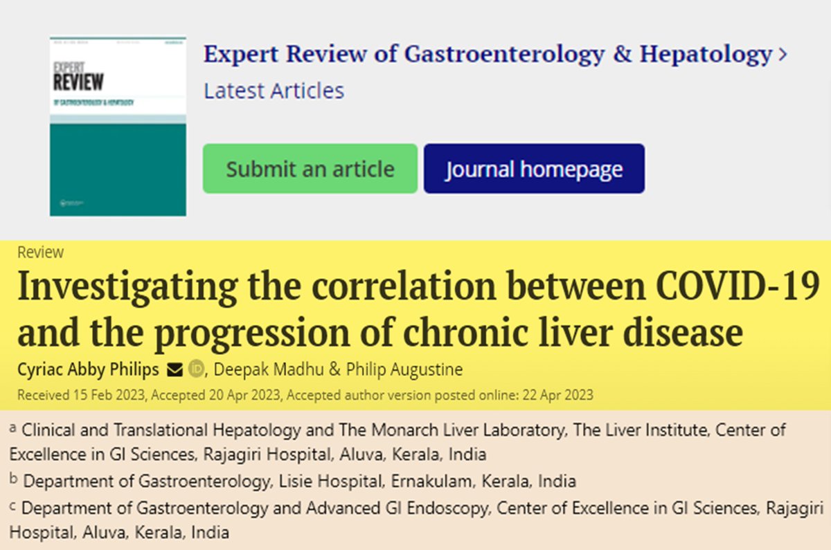 I was invited to write an exhaustive and updated review on #COVID19 and in liver disease for the journal, Expert Review of Gastroenterology and Hepatology via @tandfonline @drdeepakmadhu 

Our paper is now online for gastroenterologists, hepatologists and postgraduates/students…