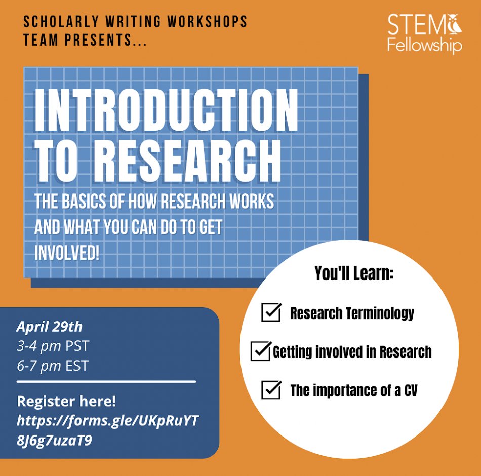 We're hosting a workshop for students who want advice on their research careers! This interactive workshop will provide attendees with resources for identifying research opportunities and tips for conducting research. Sign up: forms.gle/UKpRuYT8J6g7uz…

#research #students #stem