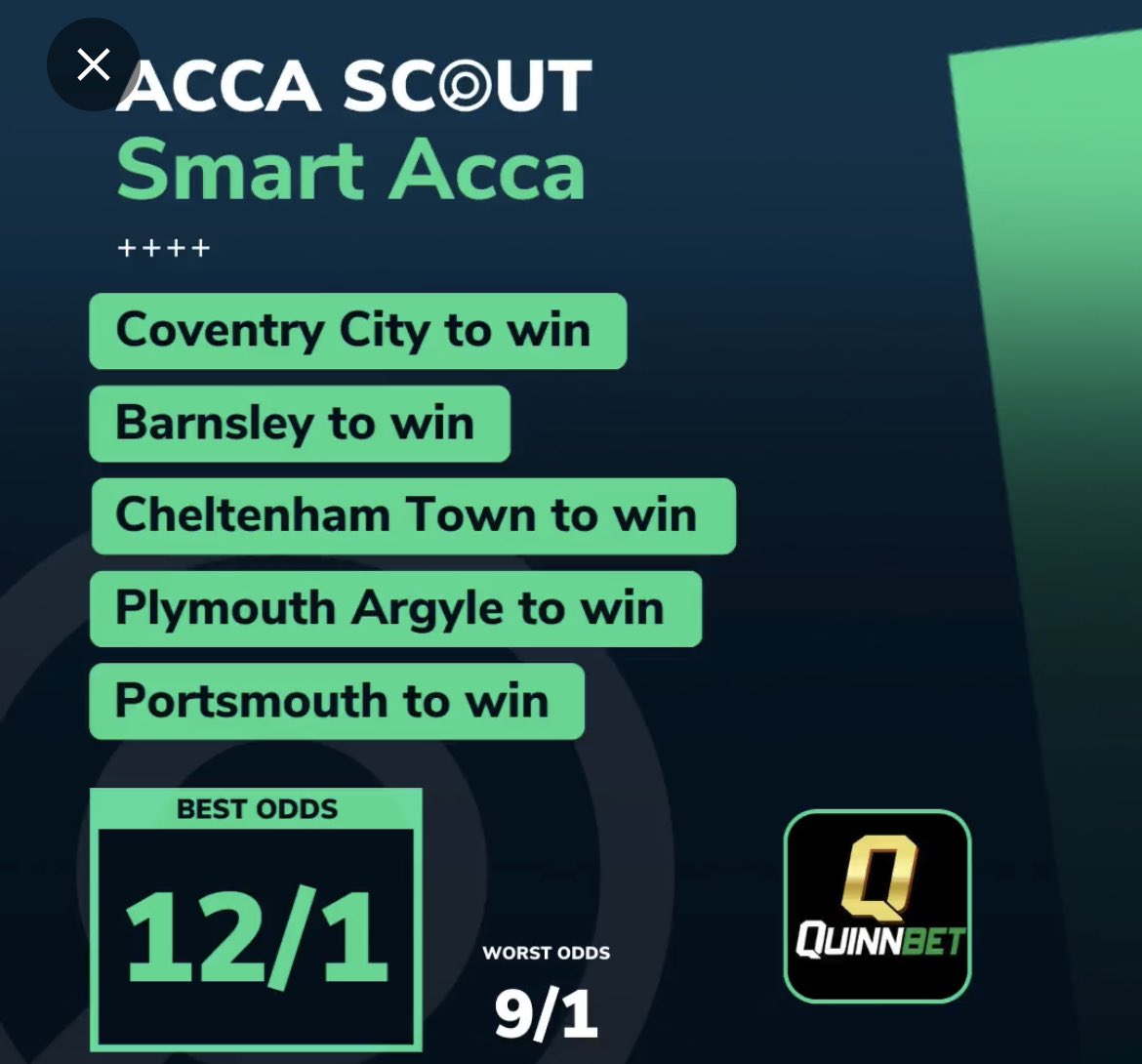 _Jack_Wright's tweet photo. โ
12/1 @oddschecker #SmartAcca with @quinnbet lands ๐
โ
Coventry 2-1
โ
Barnsley 2-0
โ
Cheltenham 3-1
โ
Plymouth 3-1
โ
Portsmouth 2-0 https://t.co/1KfAZxjcZI