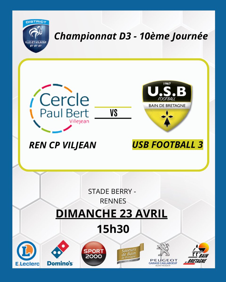 usbainfoot's tweet photo. [PROGRAMME] Séniors 👊

🏆 Seniors A - D1

🆚 Bruz FC 2 
⏱️ 13h30
✈️ Stade Siméon Belliard - Bruz

🏆 Seniors B - D2

🆚 Ste Marie US 
⏱️ 15h30
🏠 Stade Le Point du Jour - Bain de Bretagne 

🏆 Seniors C - D3

🆚 Ren CP Viljean
⏱️ 15h30
✈️ Stade Berry - Rennes 

#allezusb 🟡⚫️💪 https://t.co/K5W9faq99Y