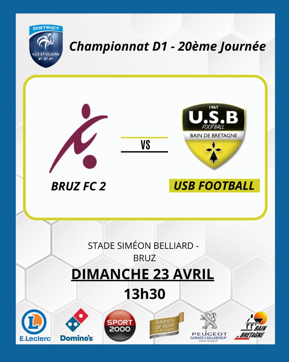 usbainfoot's tweet photo. [PROGRAMME] Séniors 👊

🏆 Seniors A - D1

🆚 Bruz FC 2 
⏱️ 13h30
✈️ Stade Siméon Belliard - Bruz

🏆 Seniors B - D2

🆚 Ste Marie US 
⏱️ 15h30
🏠 Stade Le Point du Jour - Bain de Bretagne 

🏆 Seniors C - D3

🆚 Ren CP Viljean
⏱️ 15h30
✈️ Stade Berry - Rennes 

#allezusb 🟡⚫️💪 https://t.co/K5W9faq99Y