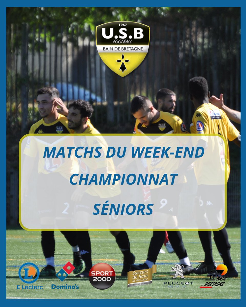 usbainfoot's tweet photo. [PROGRAMME] Séniors 👊

🏆 Seniors A - D1

🆚 Bruz FC 2 
⏱️ 13h30
✈️ Stade Siméon Belliard - Bruz

🏆 Seniors B - D2

🆚 Ste Marie US 
⏱️ 15h30
🏠 Stade Le Point du Jour - Bain de Bretagne 

🏆 Seniors C - D3

🆚 Ren CP Viljean
⏱️ 15h30
✈️ Stade Berry - Rennes 

#allezusb 🟡⚫️💪 https://t.co/K5W9faq99Y