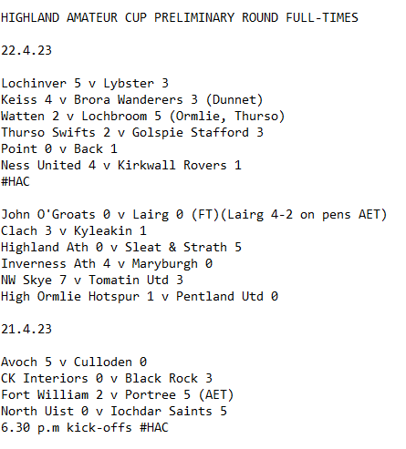 HIGHLAND AMATEUR CUP PRELIMINARY ROUND FULL-TIMES #HAC