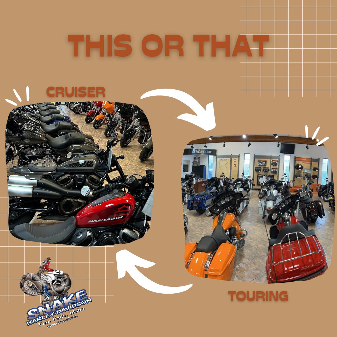SnakeH_D's tweet photo. In a showroom full of options,  what is your choice?

Cruiser or Touring?

This or That?

 #snakeharleydavidson #twinfallsidaho #shophd #shopsnakehd #snakehd #harleydavidson #thisorthat https://t.co/sAKEkws80R