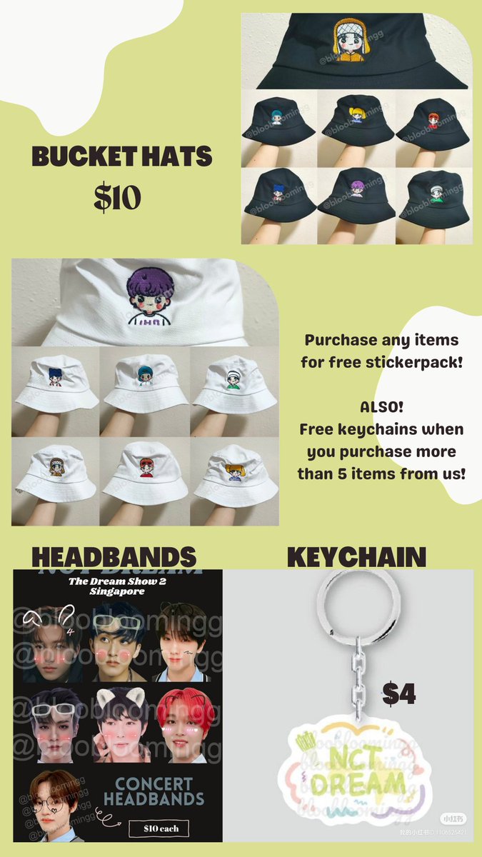 bloobloomingg's tweet photo. NCT THE DREAM SHOW 2 in SG FANSUPPORT🇸🇬

💚Fan-Art Bucket Hats
💶$10

Keychain: $4

Free sticker packs+ unofficial photocards with any purchase!

Purchase than 5 items &amp; get keychain for free!

#THEDREAMSHOW2_in_singapore #THEDREAMSHOW2INSG #TDS2inSG #NCTDREAMinSG #NCT #NCTDREAM https://t.co/uM0jlhOHV4