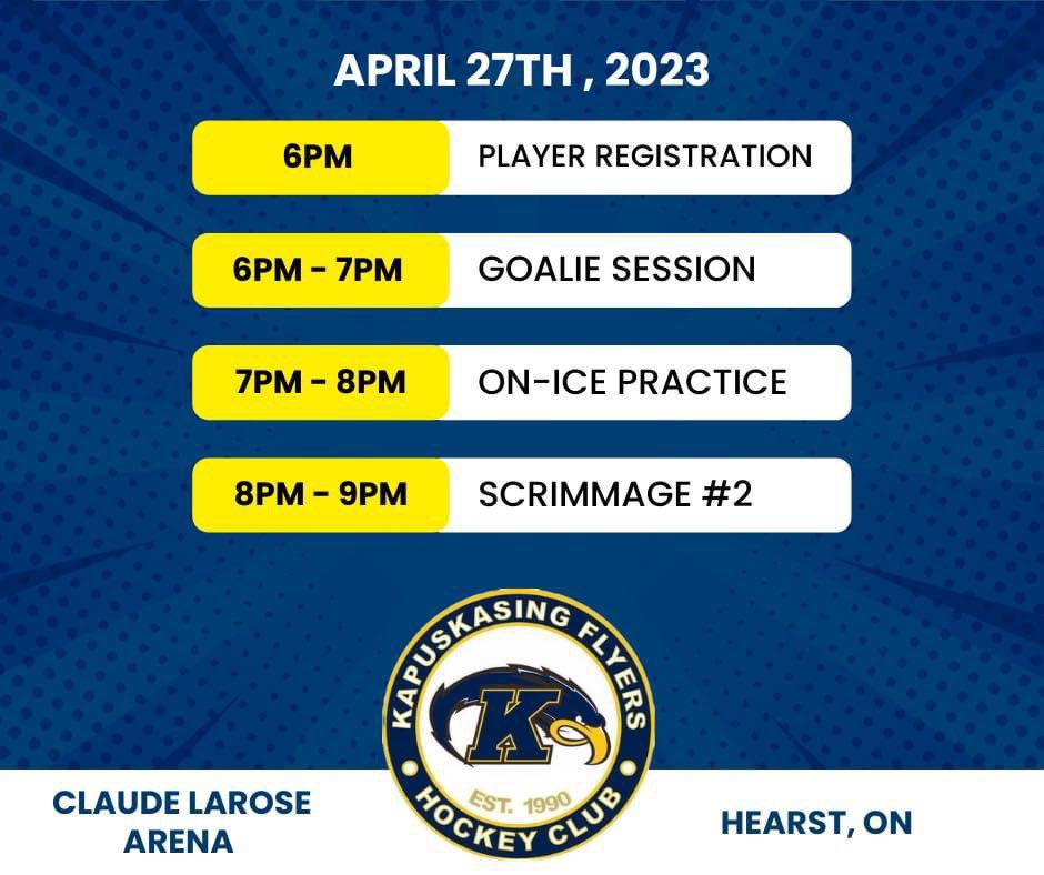 22JCote's tweet photo. Our Spring Development Camp is just around the corner. There is still time to register.

*Please note that it is important to bring off-ice gear (shorts, t-shirt, running shoes) for all sessions.*

Should you have any questions, please contact Alex Plamondon at 705-347-2024. https://t.co/Z0NKfiWZ5p