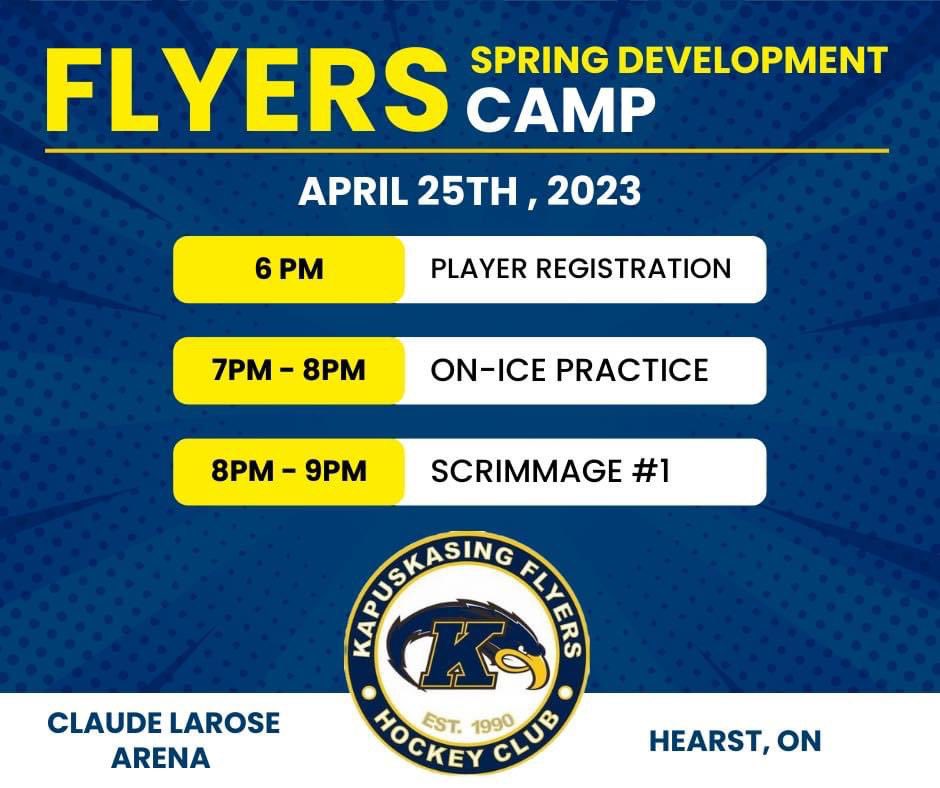 22JCote's tweet photo. Our Spring Development Camp is just around the corner. There is still time to register.

*Please note that it is important to bring off-ice gear (shorts, t-shirt, running shoes) for all sessions.*

Should you have any questions, please contact Alex Plamondon at 705-347-2024. https://t.co/Z0NKfiWZ5p