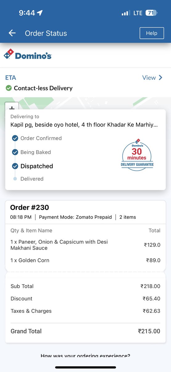 vickymiraganj's tweet photo. I was ordered approximately 8 :20pm ,I m suffering from fever and delivery boy denied to reach my location offer to me come and take your order around 0.5km walking distance great services by @dominos_india @dominos https://t.co/b9YrnKN9df