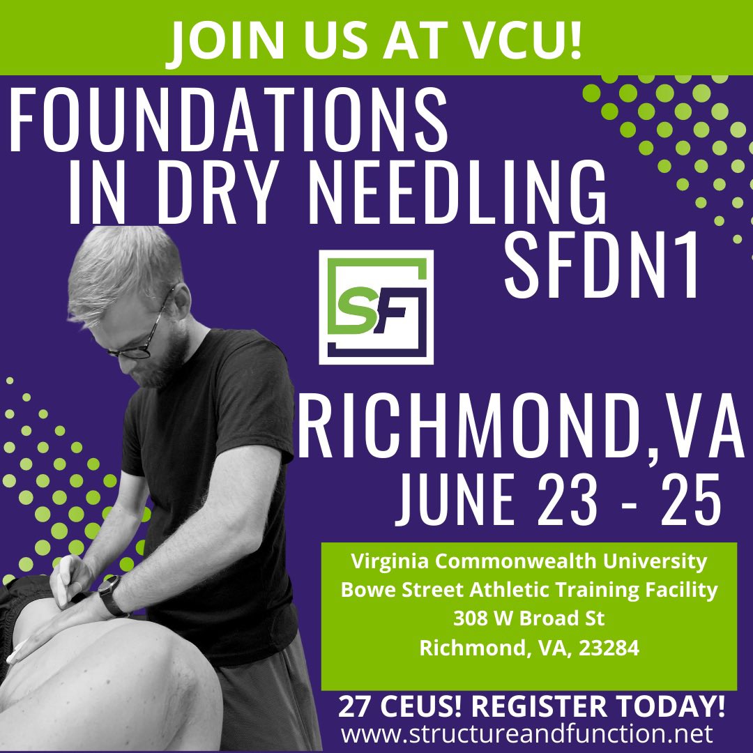 VCU_AT's tweet photo. You don’t want to miss the upcoming Foundations in Dry Needling course in Richmond, VA, on June 23-25th! Learn fundamental needling skills, effective strategies for therapeutic pain management, and ways to restore function and mobility for commonly encountered pathologies! https://t.co/4hnNoG6lyK