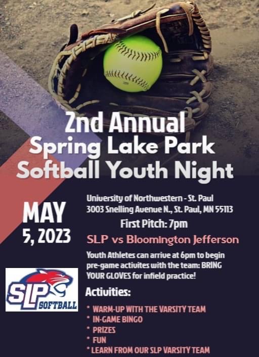 Come support <a href="/SLP_Schools/">Spring Lake Park Schools</a> Fastpitch Softball on May 5th vs <a href="/JaguarSoftball1/">Jefferson Fastpitch</a> #YouthNight
<a href="/SLPPantherAth/">SLP PantherAthletics</a> #SLPPantherProud #ThePantherWay