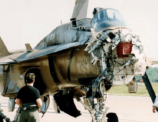 NavalInstitute's tweet photo. #OTD in 1996, two F/A-18 Hornets collided while conducting air combat maneuvers over the Atlantic near North Carolina. One plane lost its nose cone, canopy, and  an engine. The other plane lost 5 feet of its left wing and 3 feet of its tail. Incredibly, both pilots landed safely. https://t.co/GhOG1qjbQC