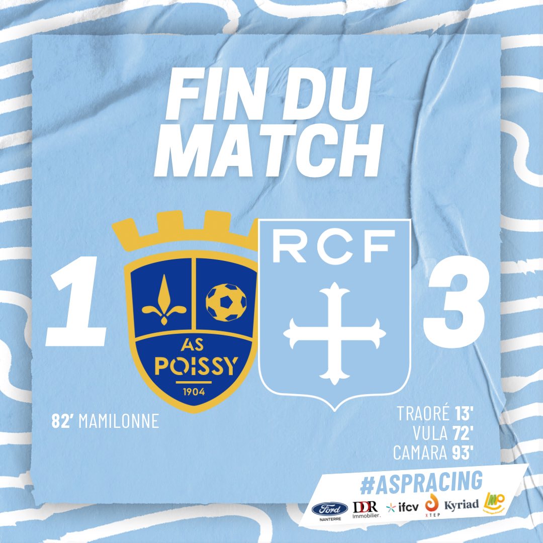 racing_cff's tweet photo. ⏱️ FIN DU MATCH | ✅ QUELLE BELLE VICTOIRE (1-3) DE NOTRE ÉQUIPE PREMIÈRE ! 🔥
⚽️ Réalisations de Moriba Traoré, Arnold Vula et Adama Camara dans les toutes dernières secondes de la partie.
#ASPRacing 1️⃣-3️⃣ | #AllezRacing https://t.co/EolZa24Z6J