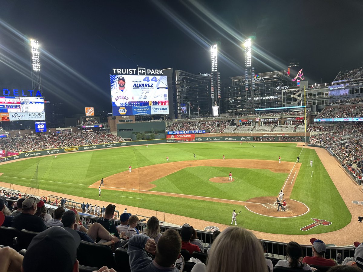 BeardedAFVet's tweet photo. The pitching staff blew it in the end but a great night in the ATL!  Also, every time I go I come back blown away by how great that park and area around it is. #xfinityclub #fortheA #bravescountry @truistpark @braves https://t.co/o8sxGgm6Xv