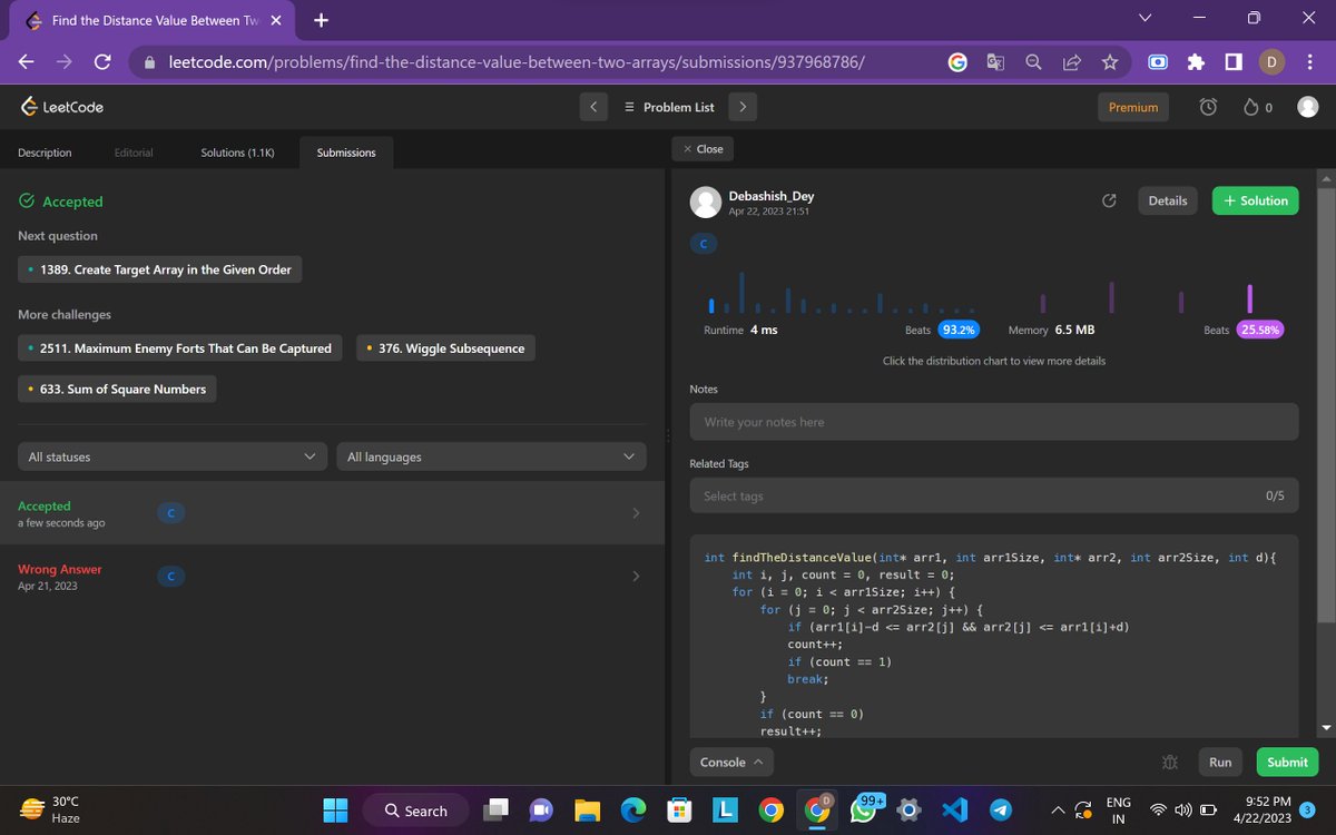 DDebashishDey's tweet photo. Hello,
I have completed #Day18 of  #25DaysofCode Program with @scaler_official
Problem- Find the Distance Value Between Two Arrays
My code link: https://t.co/cnxTolmDhj
Scaler discord link: https://t.co/WGyVR6HFGx
Partner @iam_santanu03
#scalerdiscord #codewithscaler #scaler30doc https://t.co/qa6tmsv5xU