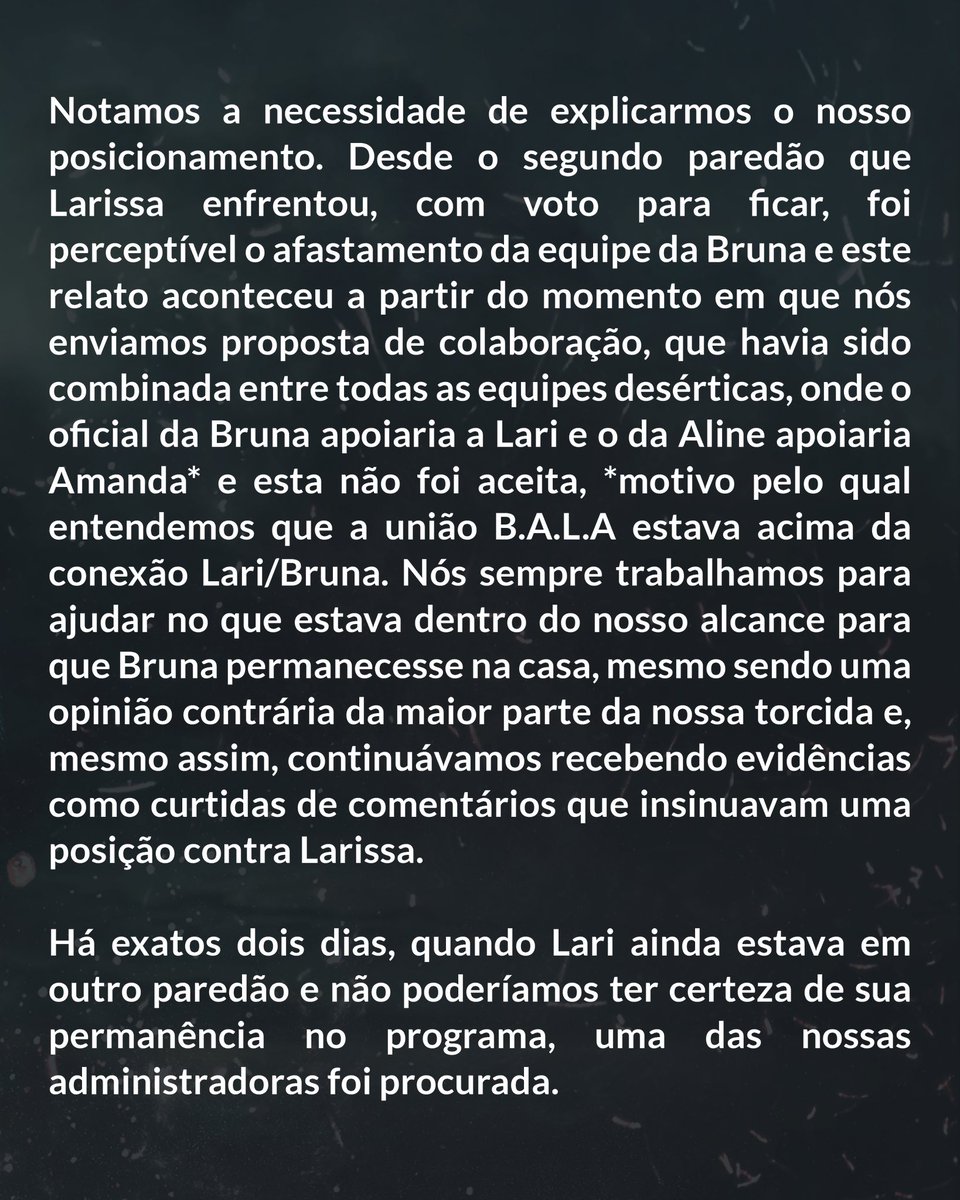 larisantosbe's tweet photo. Se fez necessário o esclarecimento de algumas situações. Este é o nosso pronunciamento oficial e é a última vez que falaremos sobre esse assunto até o resultado do paredão. A equipe e a torcida estará focada no gshow, onde será dada a resposta final. 

#TeamLariSantos #FicaLari https://t.co/tTHiu2xYl6