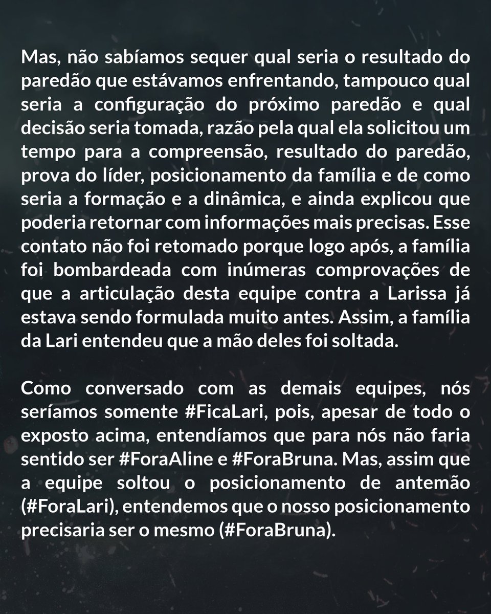 larisantosbe's tweet photo. Se fez necessário o esclarecimento de algumas situações. Este é o nosso pronunciamento oficial e é a última vez que falaremos sobre esse assunto até o resultado do paredão. A equipe e a torcida estará focada no gshow, onde será dada a resposta final. 

#TeamLariSantos #FicaLari https://t.co/tTHiu2xYl6