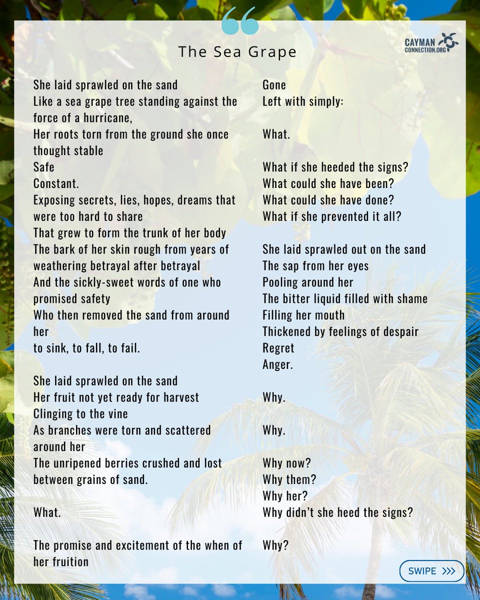 CayConnect's tweet photo. Caymanian writer Nicole Wood is sharing her trio of poems - 'The Seagrape' - in celebration of National Poetry Month. 

If you have poems you'd like to share, get in touch today!

#caymanconnection #replay #poetrymonth #virtualyard #poems #caymanianpoets #writers #poetry https://t.co/47bxtbmxfJ