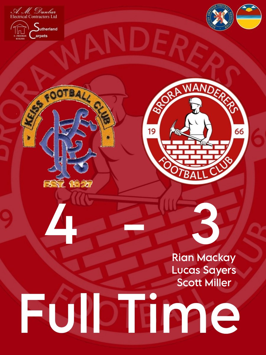 Full Time at Ham Park
Keiss FC 4-3 Brora Wanderers

Goodluck to <a href="/keiss_fc/">Keiss FC</a> in the next round and for the rest of thier season 🫱🏻‍🫲🏼