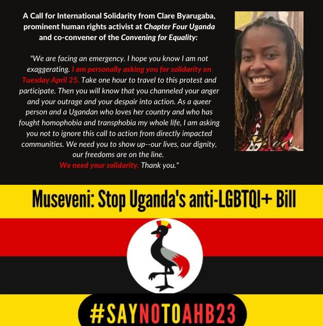 CFE_Uganda's tweet photo. Calling on all allies, siblings And partners of the LGBTIQ+ Community in Uganda.
Come join the call for International solidarity against the Anti-Homosexuality Bill 2023.
#SayNoToAHB23 https://t.co/d47V11rMoN