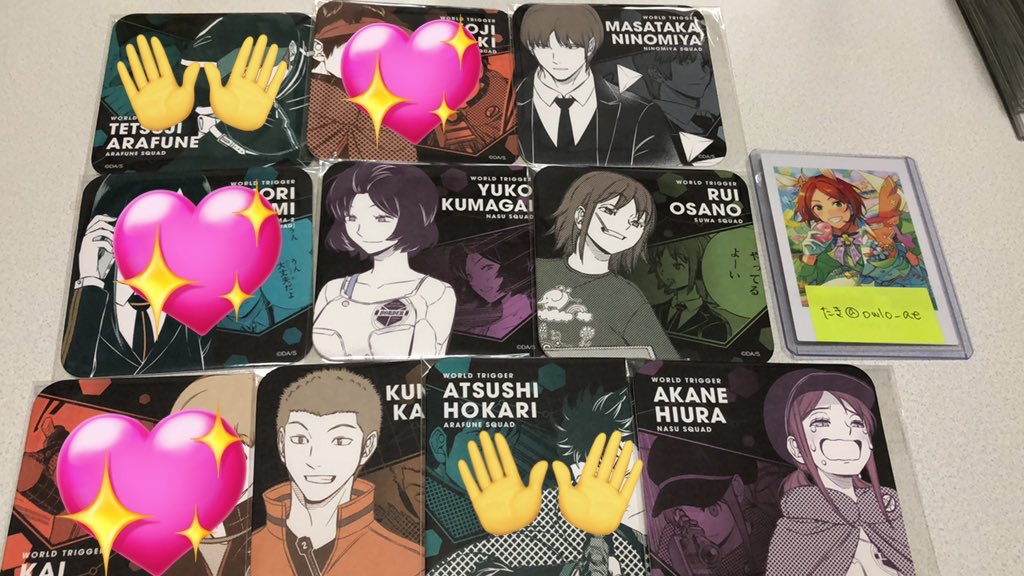 【交換】ワールドトリガー ワートリ アートコースター アトコ
 
譲）☆二宮 熊谷 小佐野 柿崎 日浦
求）★絵馬 漆間

各１探しています。☆⇄★優先、もしくは無印含めた交換。郵送のみ。北添は影浦含めた交換のみ。検索からでもお気軽にどうぞ。