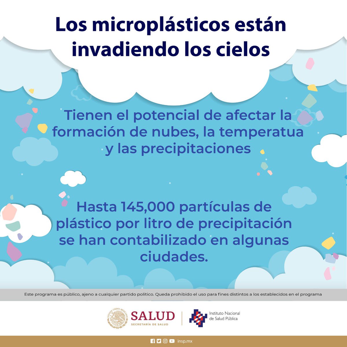 inspmx's tweet photo. Los microplásticos son piezas pequeñas de plásticos que contaminan el ambiente y llegan a medir 5mm o menos.

Hasta 145,000 partículas de plásticos por litros de precipitación se han contabilizado en algunas ciudades.

#SaludPúblicaEnTodo https://t.co/tww1EkLKRo