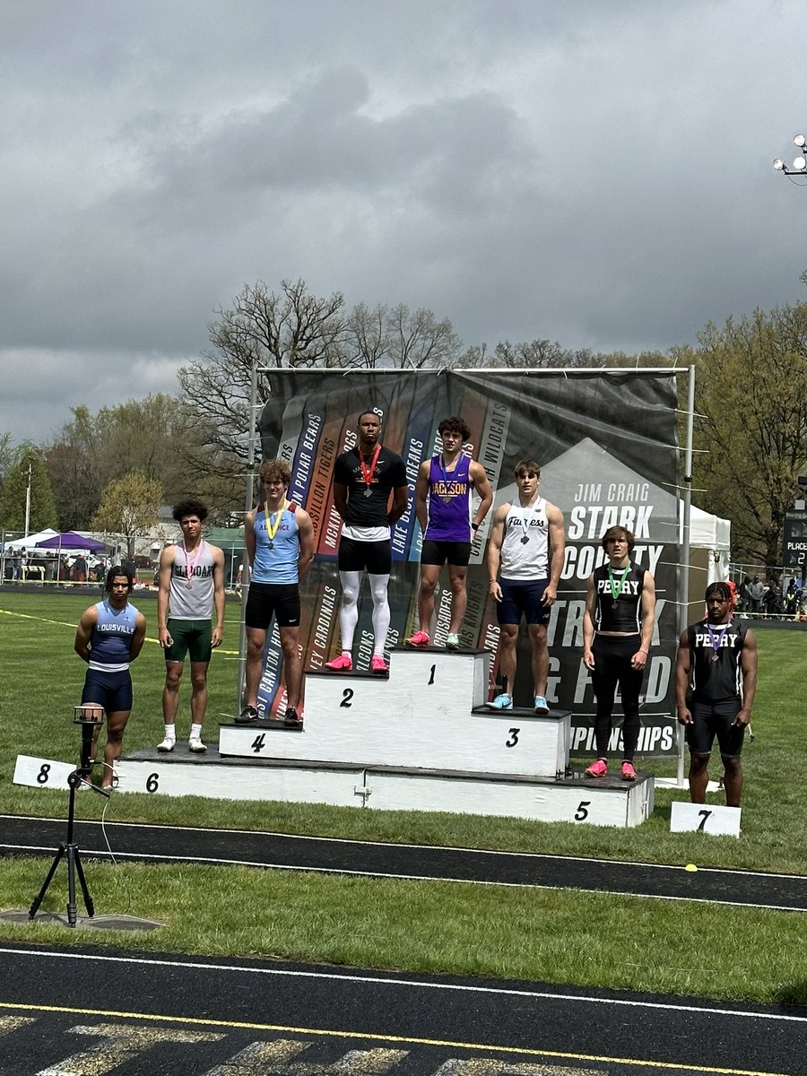 KaileyZagst's tweet photo. Boys 100m dash podium! Reese Welton from Massillon Jackson takes the title in a time of 10.97. @OHMileSplit #StarkCountyChampionships https://t.co/3s96GVdCQn