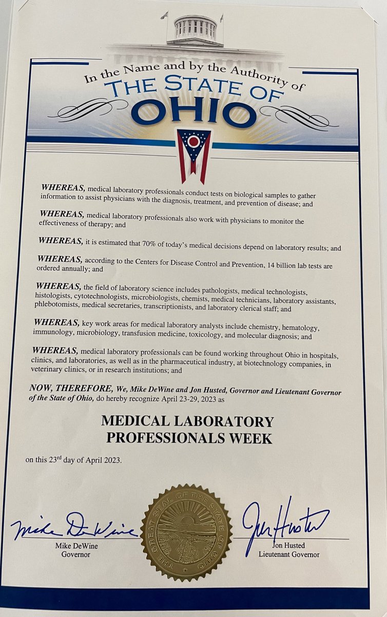 Great recognition for all my Medical Laboratory friends in Ohio! Happy Medical Laboratory Professionals Week! #labweek #Lab4Life @Ascls_OH @ASCLS @OhioCLC