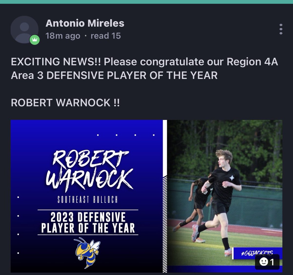 robbiewarnock's tweet photo. AAAA region defensive player of the year! 
Dual enrolled, National Honor Society member too! 
#oneprouddad https://t.co/n3mE4ExIzZ