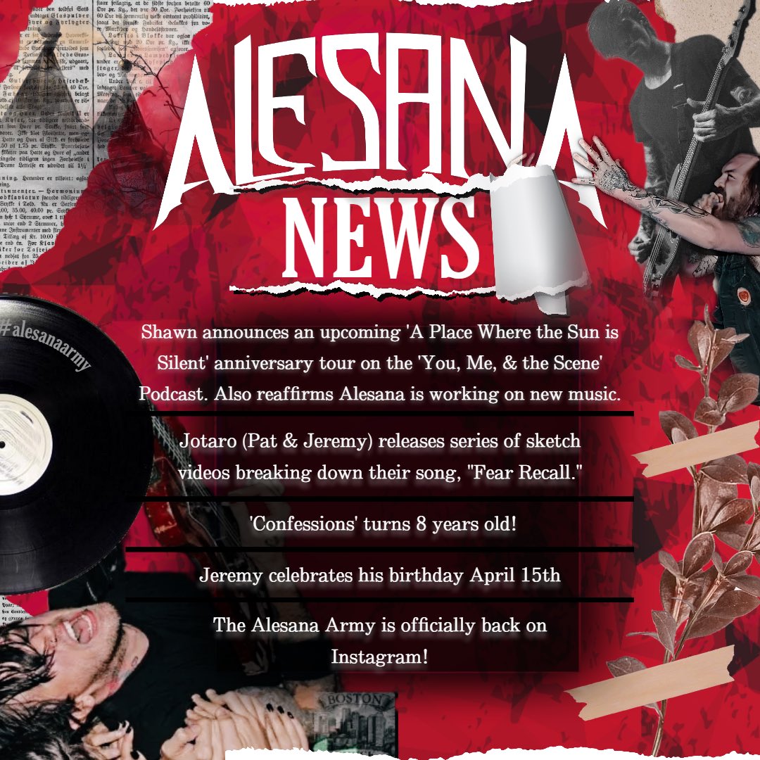📰April 2023📰 ICYMI! We're thinking we'll do regular @Alesana News Updates every month or so to make it easy for you all to stay up-to-date on what's happening! Did we miss anything? Who's stoked for another tour and more music? We are 👀! LFG!