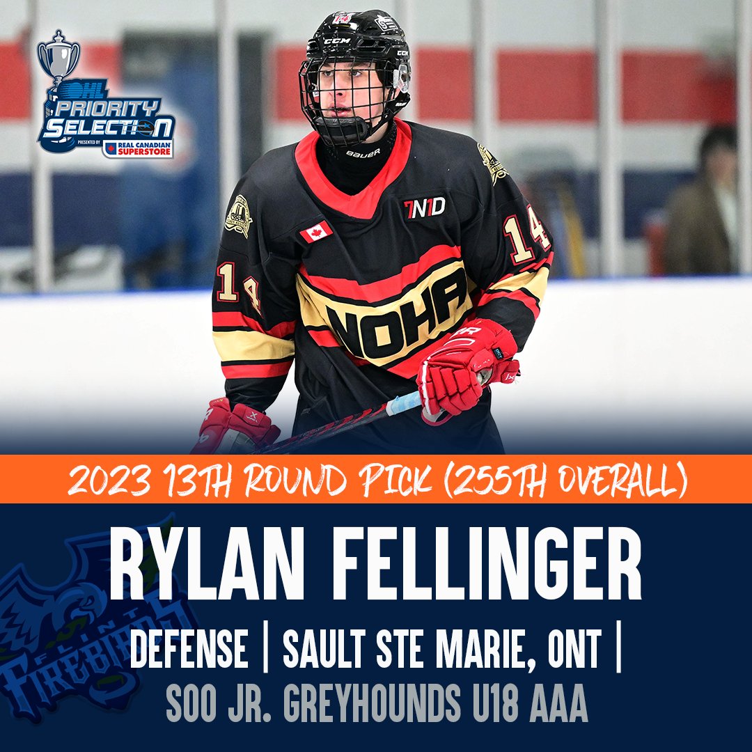 FlintFirebirds's tweet photo. With the 255th pick in the @OHLHockey Priority Selection, we are proud to select defenseman Rylan Fellinger from the U18 Soo Jr. Greyhounds! Welcome to Flint! #OHLDraft #FuelTheFire https://t.co/YYKOBi2pwU