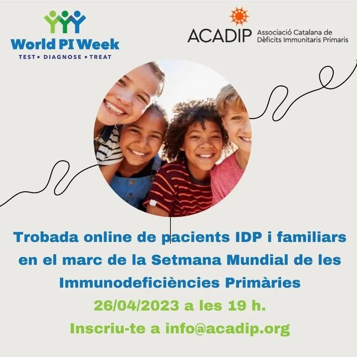 ACADIP (@acadip) on Twitter photo Ens veiem i parlem de com portes patir una #immunodeficiènciaprimària o com portes que algun familiar proper la pateixi? Volem saber de tu. 26/04/2023 trobada online a les 19 h. Inscriu te a info@acadip.org Ens veiem i parlem de com portes patir una #immunodeficiènciaprimària o com portes que algun familiar proper la pateixi? Volem saber de tu. 26/04/2023 trobada online a les 19 h. Inscriu te a info@acadip.org