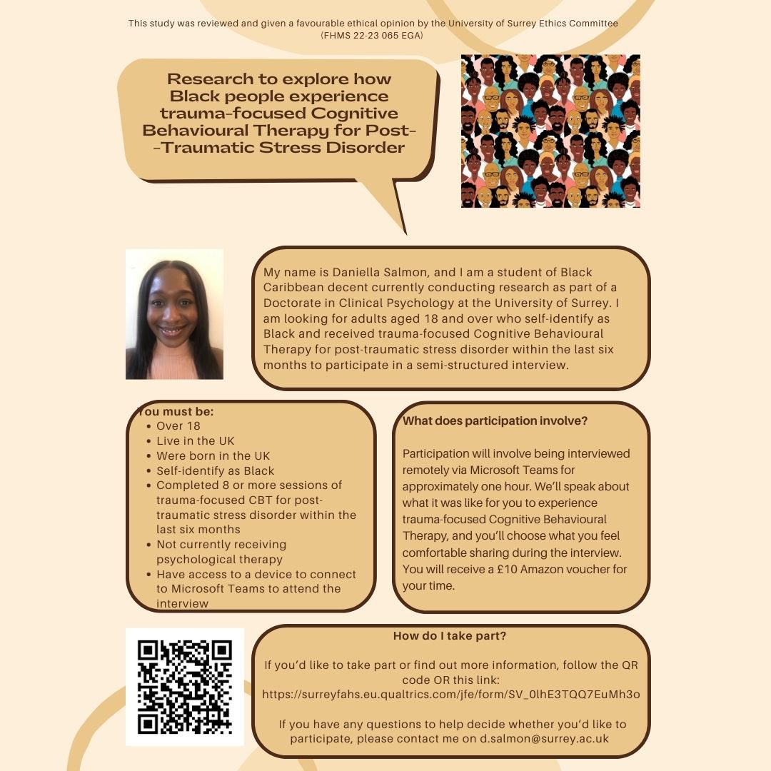 Hey! I’m looking for adults who self-identify as Black and received trauma-focused CBT for post-traumatic stress disorder to participate in a semi-structured interview

See below for more info &amp; please share with anyone who may be interested:

surreyfahs.eu.qualtrics.com/jfe/form/SV_0l… 

Thank you