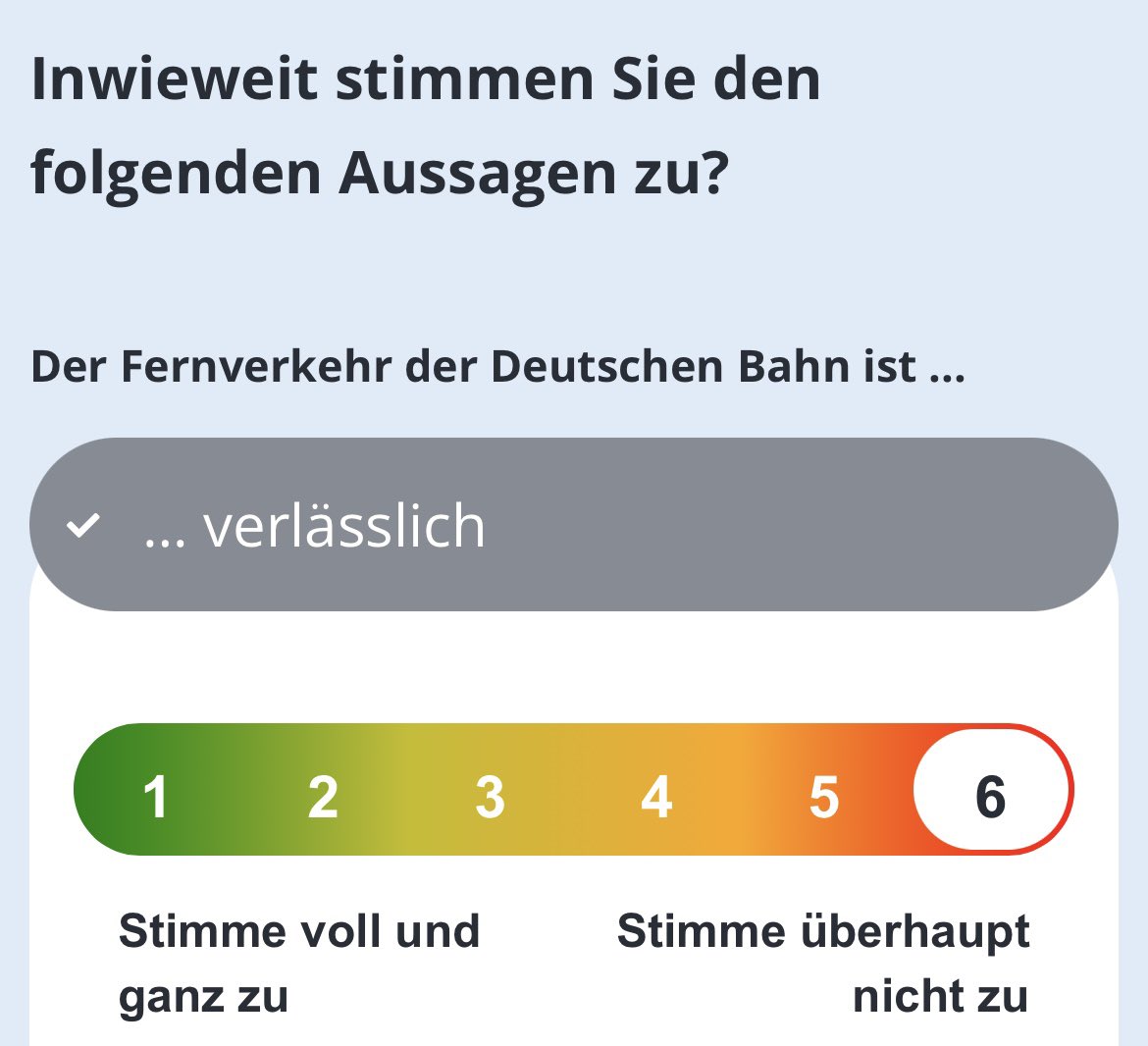 Auch irgendwie mutig von der <a href="/DB_Bahn/">Deutsche Bahn Personenverkehr</a> am Tag nach dem Streik diese Mail mit dieser Umfrage zu verschicken. Später kam noch die Frage, ob ich zustimmen würde, dass das Unternehmen insgesamt ein exzellentes Image habe. Hm, ich denk noch kurz drüber nach.