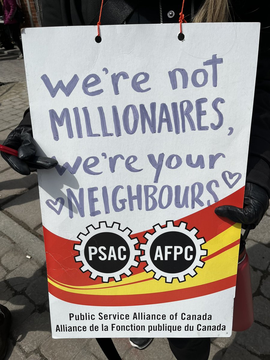 SarasTwter's tweet photo. From yesterday, spirits were high at #PSACstrike Day 3 April 21 2023 @ NHQ #PlacedeCentre #PSAC_AFPC #AFPCgreve @psac_afpc #solidarity  @TBS_Canada we just want a #FairDeal We’re not millionaires, we’re your neighbours. https://t.co/yKqhmtS2vj