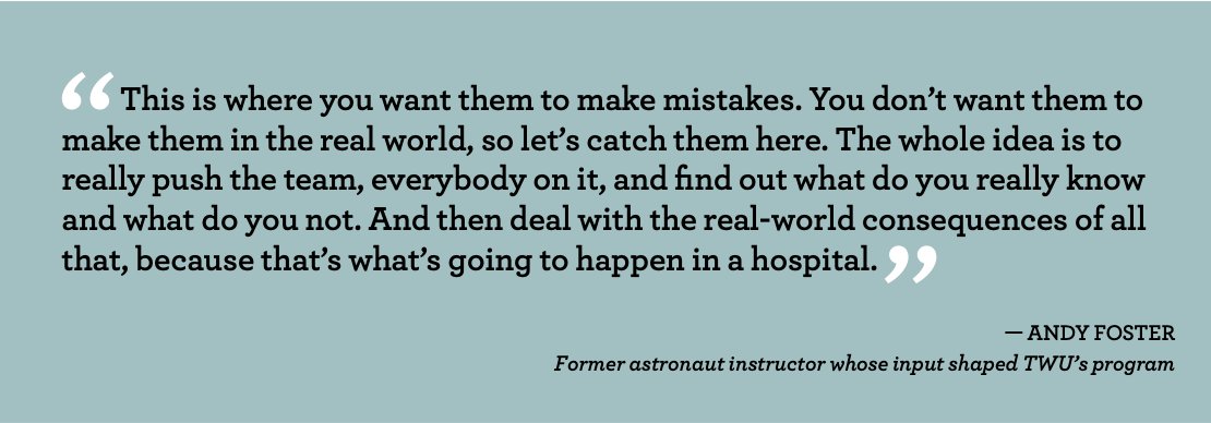 A quote from SCHOLAR's co-founder from the article, Simulating Nursing, about us in the TMC pulse in 2018 about our 72-hour integrated simulation's beginning, my research program at Texas Woman's University, which was foundational for SCHOLAR.