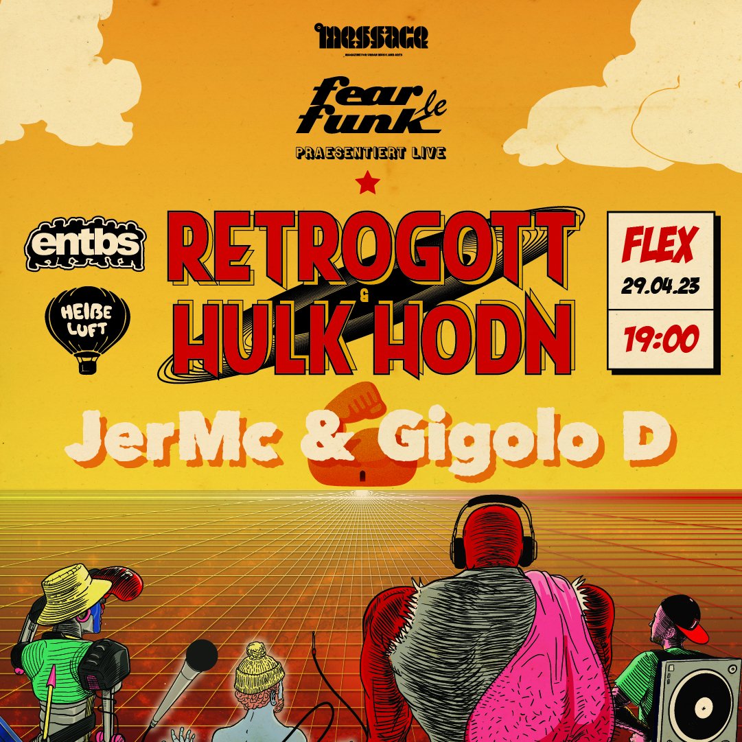 Samstag, 29.4.23, 19:00: #Retrogott &amp; #HulkHodn live bei <a href="/FearLeFunk/">Fear le Funk</a> zu Gast im <a href="/FlexVienna/">Flex Club</a> - mit neuer LP "Der Urlaub Hat Nicht Stattgefunden" im Gepäck! #Tickets holt man sich unter &gt;&gt; ntry.at/retrogotthulkh…
#WirdGut #KommtAlle #Wien #HipHop #Live #Konzert #tickets