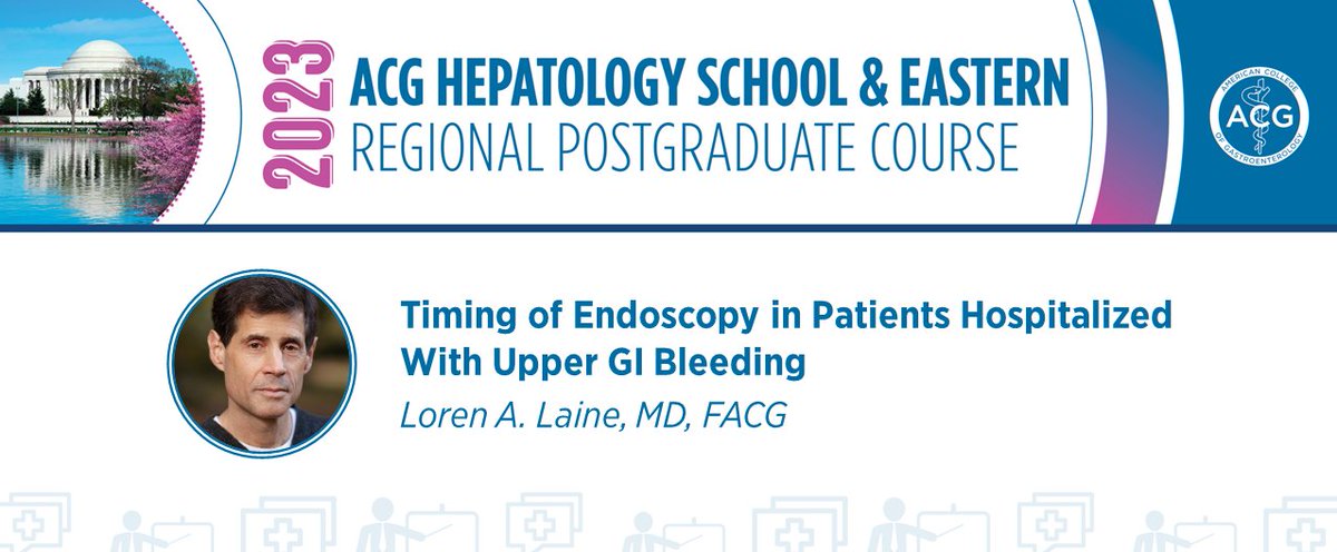 AmCollegeGastro's tweet photo. Register for ACG’s 2023 Hepatology School and Eastern Regional Postgraduate Course, featuring @LorenLaine2, MD, FACG, on Timing of Endoscopy in Patients Hospitalized With Upper GI Bleeding

June 2-4
Washington, DC
➡️ https://t.co/rqtwIEgj0O

#GItwitter #LiverTwitter https://t.co/8ryXfgwARK