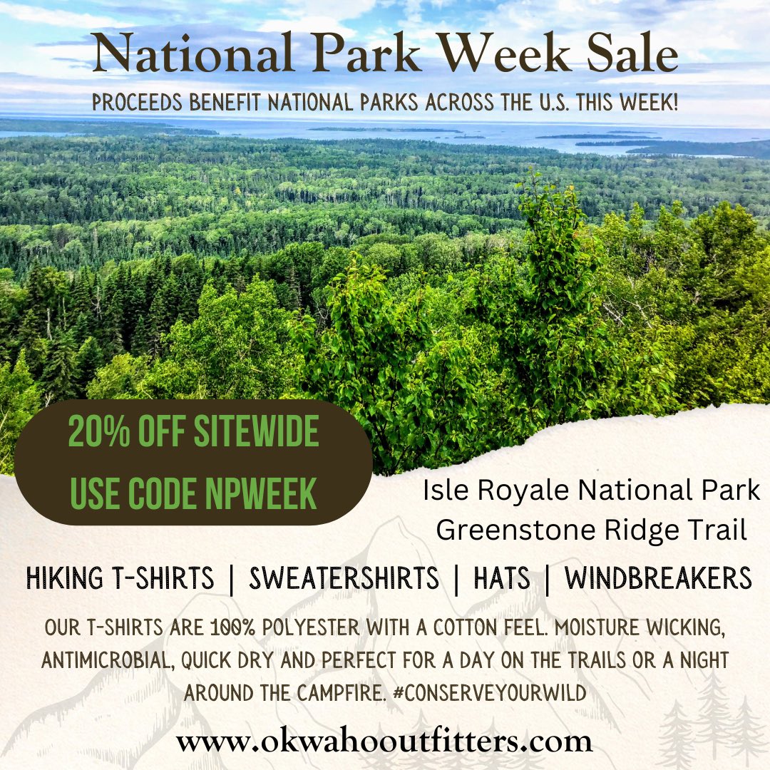 OkwahoOutfitter's tweet photo. It’s our favorite week of the year, National Park Week! Enjoy 20% off sitewide using code “NPWEEK” at checkout now through April 30th! 
https://t.co/97bp0y6Lft

#NationalParkWeek #HikingLife #HikingCulture #Sale https://t.co/sFJARBmvua