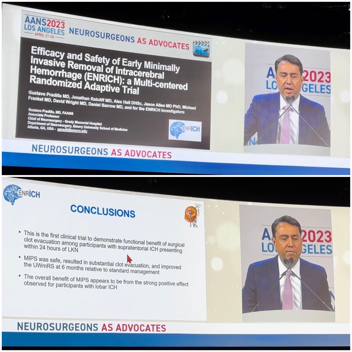 michaelivanmd's tweet photo. @gpradil2 presenting on behalf of the ENRICH RCT trial that minimal invasive surgery for the removal of ICH is now RECOMMENDED. As @AdamArthurMD stated this is the most impactful finding for ICH to date. 🙌🙌🙌 #medtwitter @NICONeuroCorp @AANSNeuro #AANS2023 @EmoryNeurosurg Paper coming soon in @NEJM 💪