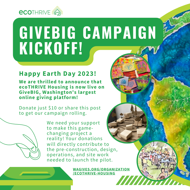 Happy Earth Day 2023! Support our mission to revolutionize affordable housing by creating Resilient Villages on GiveBIG. Donate now and enter to win a hand-painted silk Earth flag. Let's create a greener, brighter future for all! #GiveBIG #ThatGivingFeeling #HousingForAll