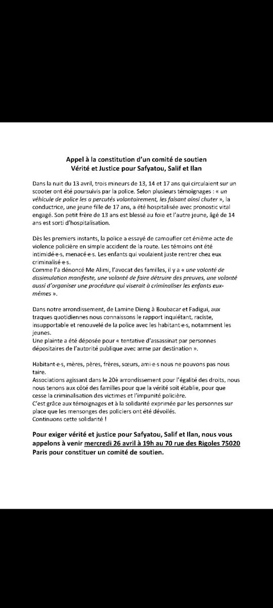 Rejoignez le comité de soutien Vérité et Justice pour Safyatou, Salif et Ilan le mercredi 26 avril prochain à 19h00. Une marche blanche est en préparation. Collectivement nous pouvons mettre un terme à la violence, sous toutes ses formes. #VeriteEtJustice #FinDeLaViolence