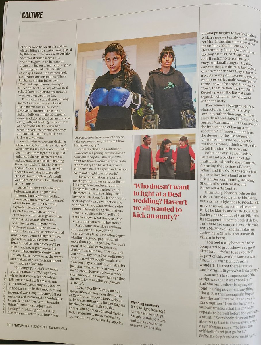 shaheena_uddin's tweet photo. An extra Eid gift - my latest @Guardian article got published today! I interviewed Universal's #PoliteSociety cast (@Ritu_Arya_) on the new action comedy, martial arts/wedding heist film. Being a British Pakistani taekwondo student myself, we talked stunts, representation &amp; more! https://t.co/OcCxa6Uy9l