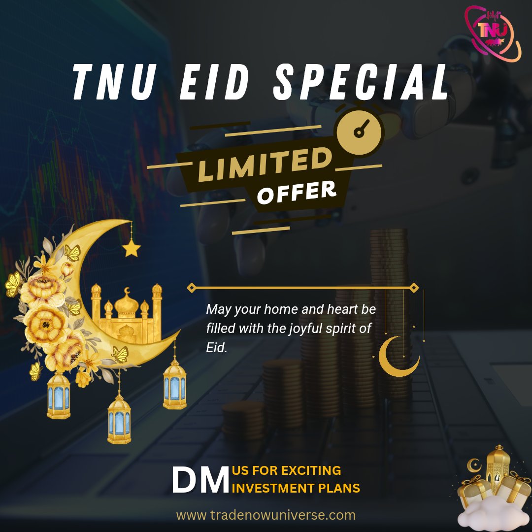 🎉 Celebrate Eid with our limited offer for Forex traders! 
📈 Take advantage of our exclusive deal today and watch your investments soar! 💰 

#TNU #EidSpecial #ForexTraders #LimitedOffer #ProfitMaximization #TradeWithEase #Eid2023 #EidAlFitr #JoinUsNow #EidMubarak2023