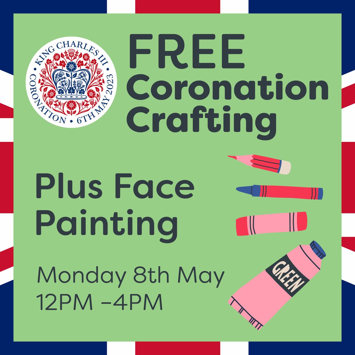 Enjoy FREE Coronation Fun at Green Oaks with the whole family 👑

Join us on the 8th May between 12pm – 4pm to celebrate the King’s Coronation, we will be offering Coronation crafting plus face painting. Perfect for a day of family fun!

Learn more: bit.ly/3mT9npL