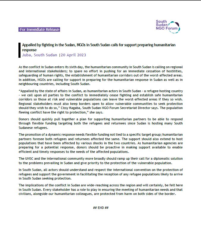 SSNGOF's tweet photo. NGOs in #SouthSudan are calling on regional and international stakeholders; to spare no effort in pushing for an immediate cessation of hostilities, safeguarding of human rights, &amp; establishment of humanitarian corridors as fighting continues in neighbouring Sudan. More 👇 https://t.co/DJ1Kc6tP4U