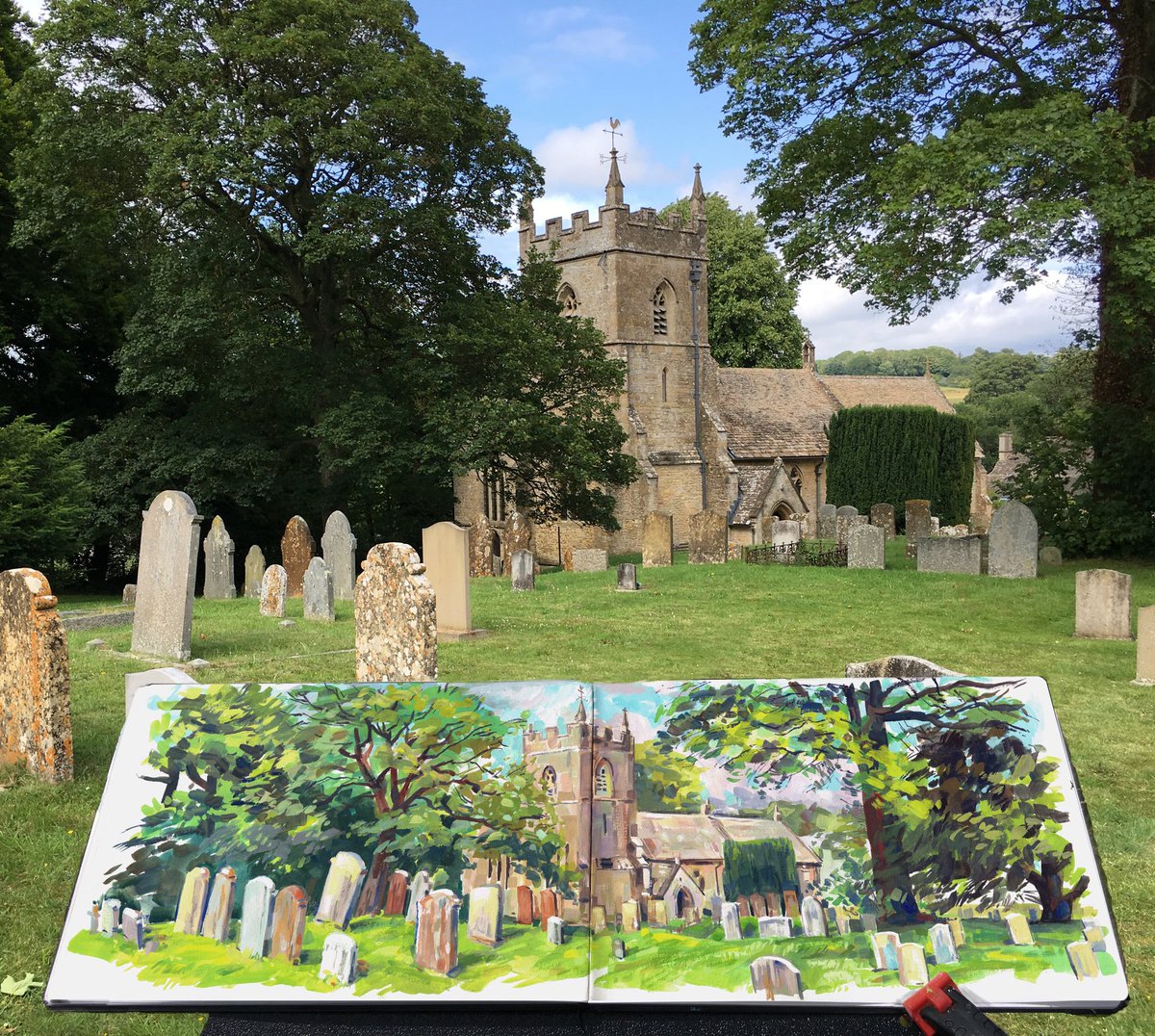 garygeraths's tweet image. A little plein air painting trip to The Cotswold in Britain and the Ring of Berra in Ireland. Lots of green, and every town and shire seems to have a beautiful bridge, church in need of repair and bitchin’ tombstones. Gouache in a sketchbook #pleinairapril