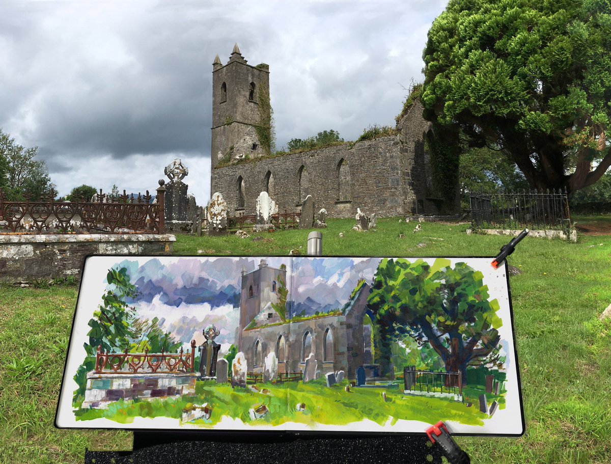 garygeraths's tweet image. A little plein air painting trip to The Cotswold in Britain and the Ring of Berra in Ireland. Lots of green, and every town and shire seems to have a beautiful bridge, church in need of repair and bitchin’ tombstones. Gouache in a sketchbook #pleinairapril