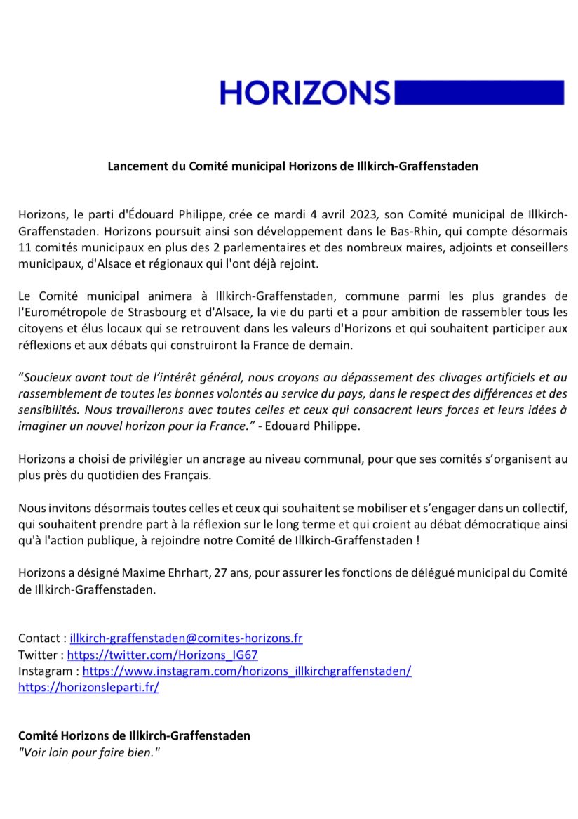 Je suis honoré d’avoir été nommé délégué municipal du comité <a href="/Horizons_IG67/">Horizons | Illkirch-Graffenstaden</a> d’<a href="/HorizonsLeParti/">Horizons</a>. Merci <a href="/EPhilippe_LH/">Edouard Philippe</a> pour la confiance accordée ! L’Alsace est au travail 🔵⚪️ <a href="/Horizons67/">Horizons Bas-Rhin</a>
