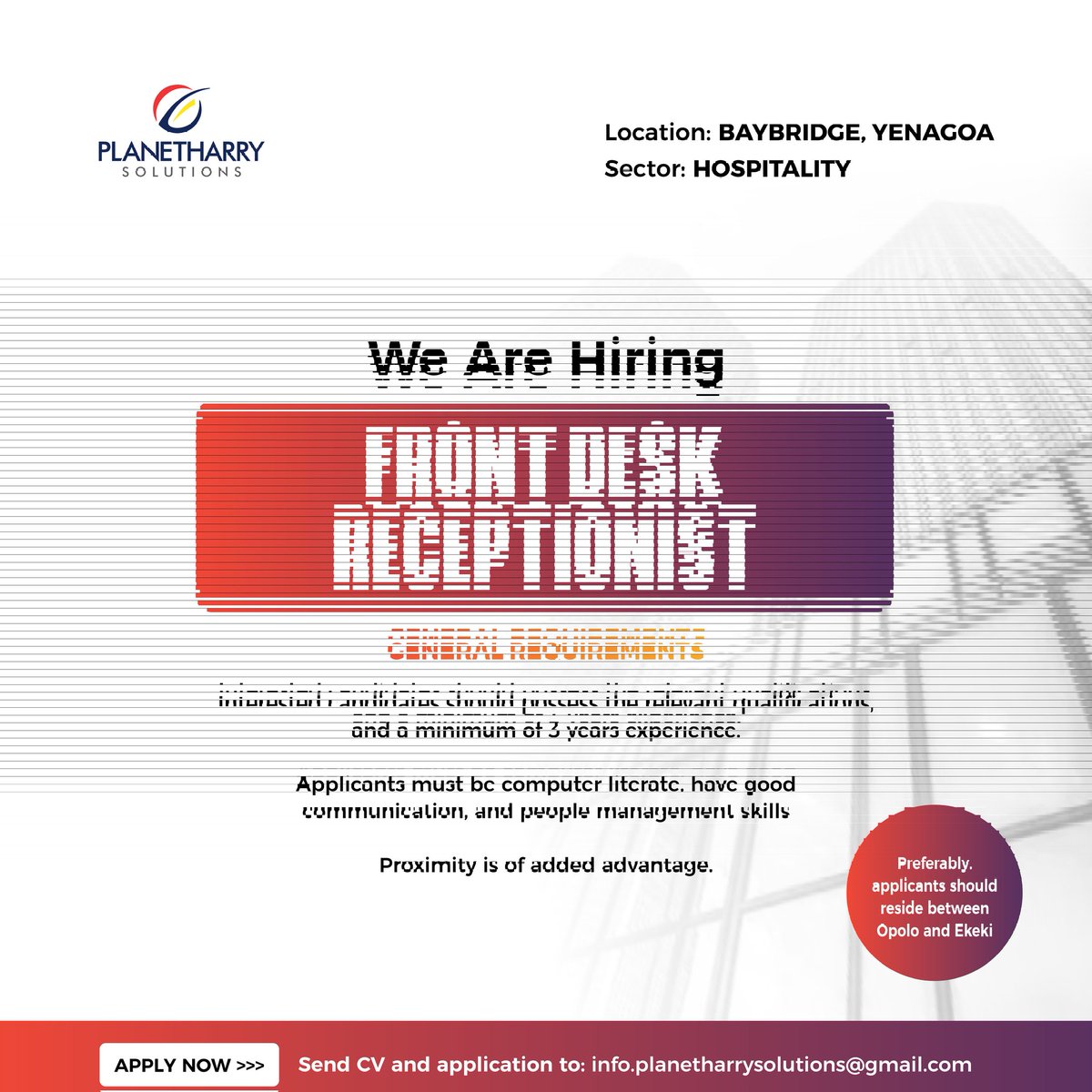 planetharryict's tweet photo. A premium food, beverage &amp; hospitality company along Baybridge in Yenagoa is recruiting to fill the positions listed below:

Interested applicants should send their CVs and applications to info.planetharrysolutions@gmail.com 

#Porbenihere #your_strategist #recruitment https://t.co/BcucUjdMu1